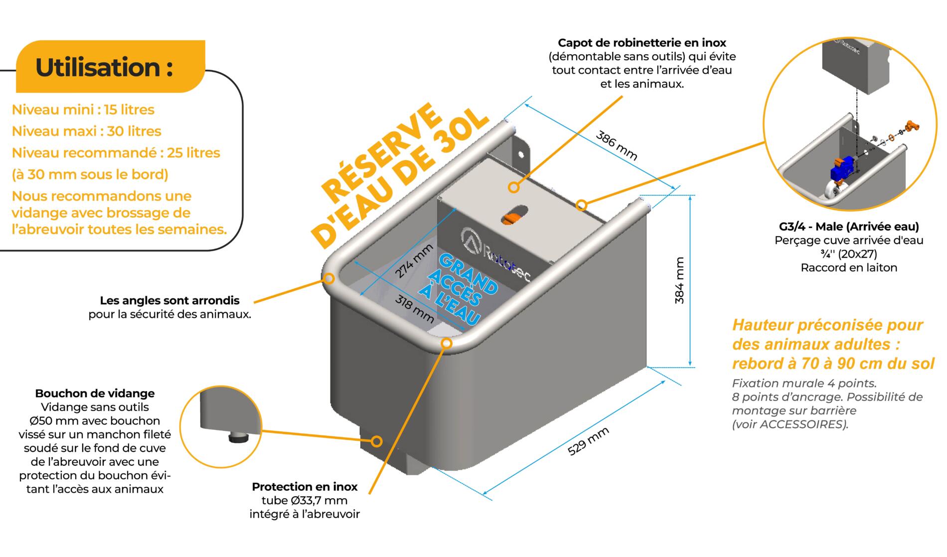Abreuvoirs inox 30L bovins