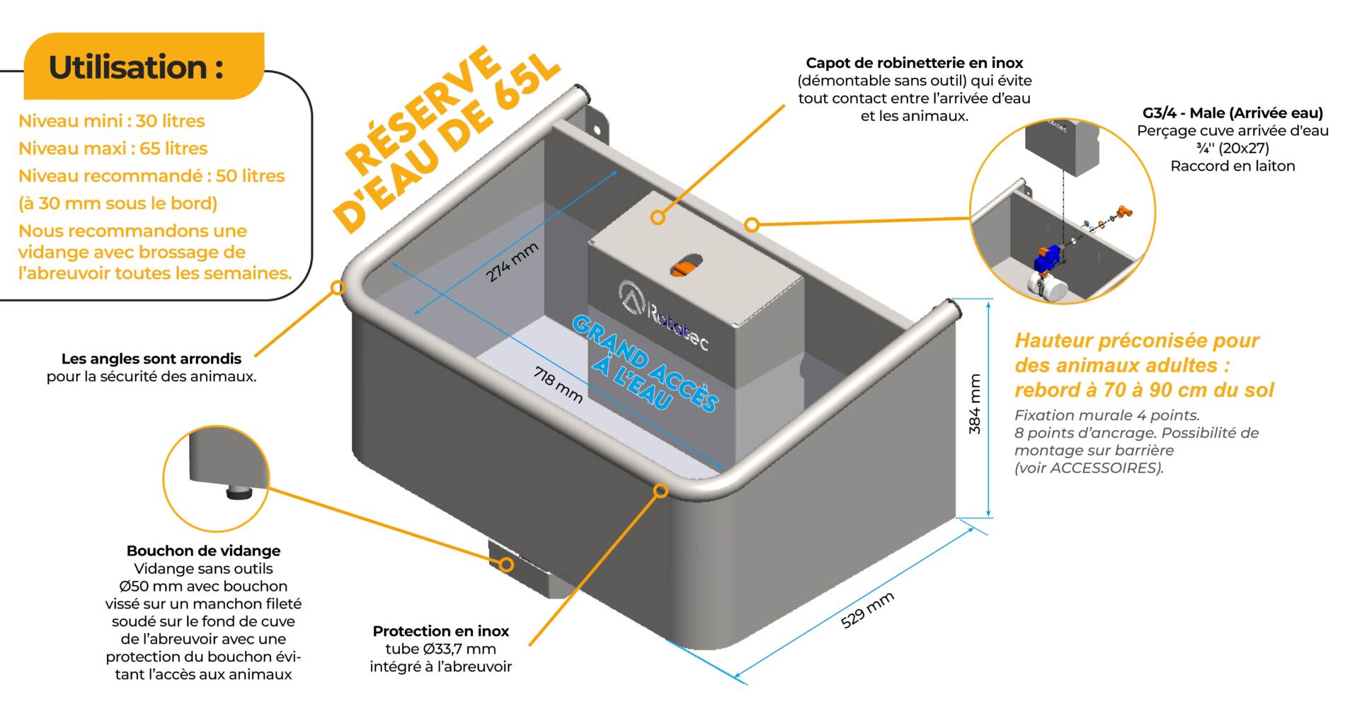Abreuvoirs inox 65L bovins
