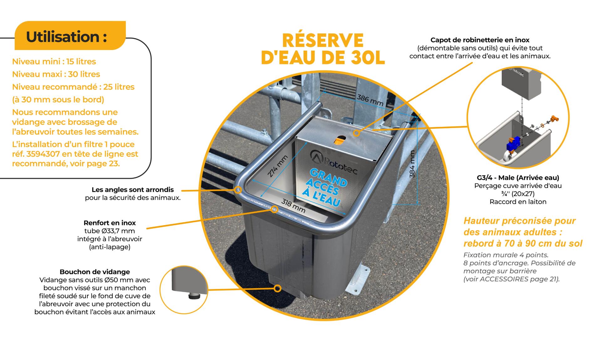 Abreuvoirs inox 30L bovins