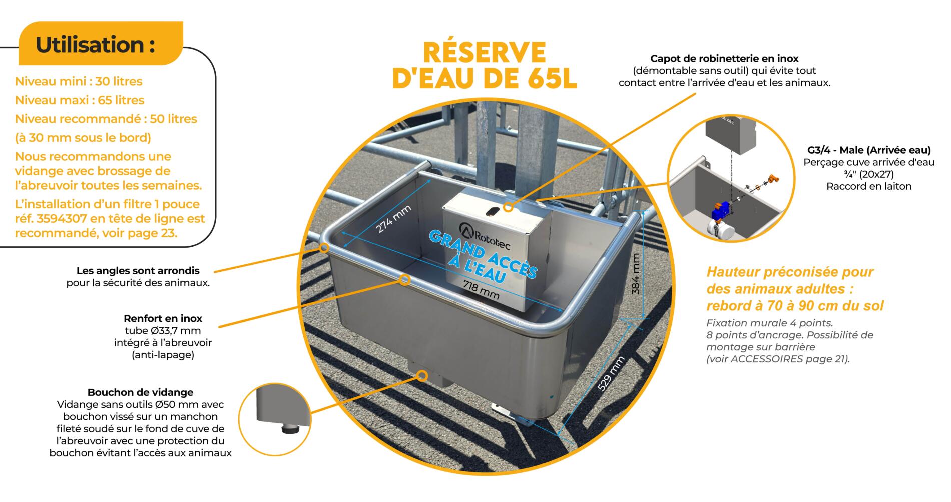 Abreuvoirs inox 65L bovins