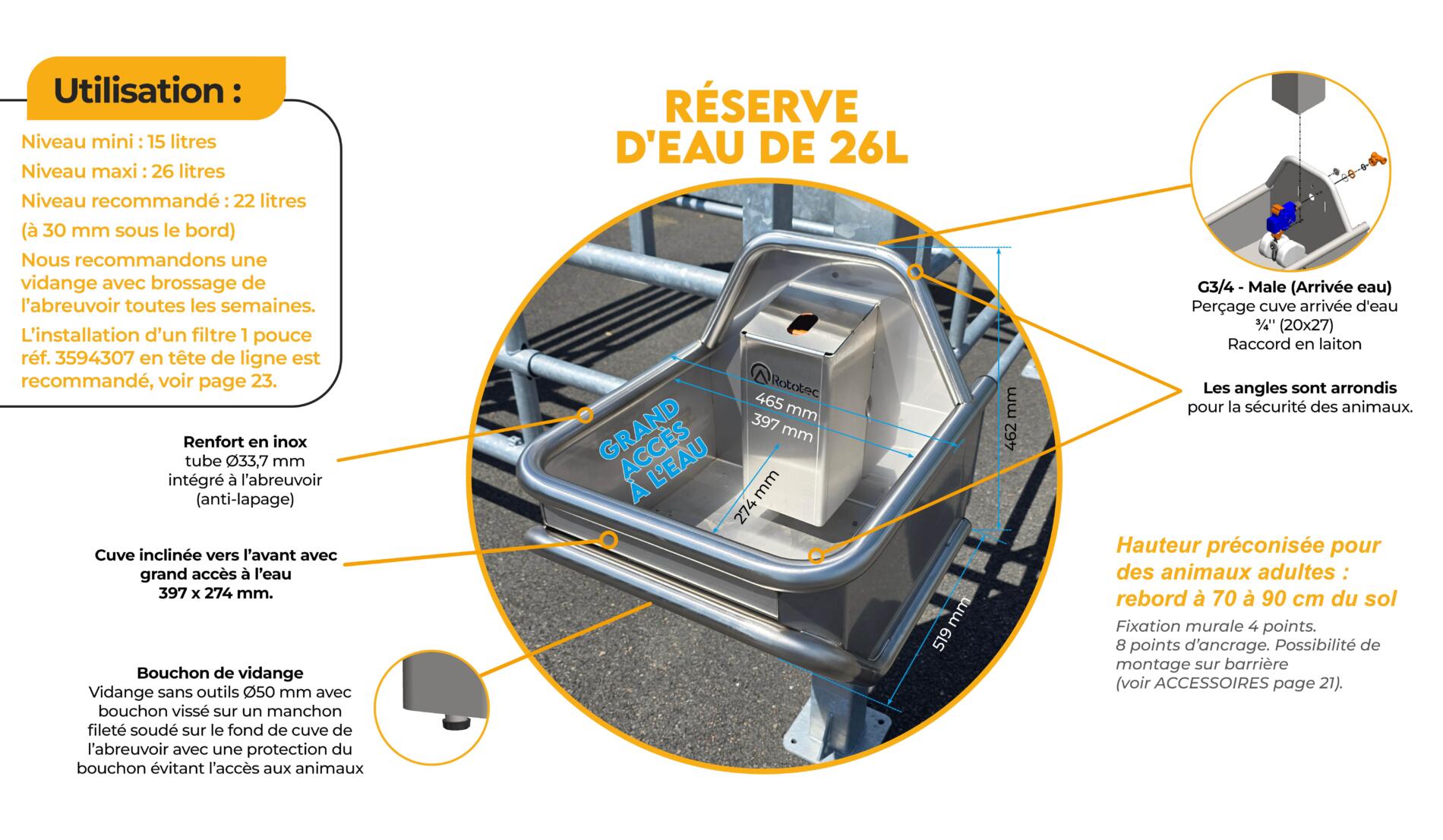 Abreuvoirs inox 26L bovins